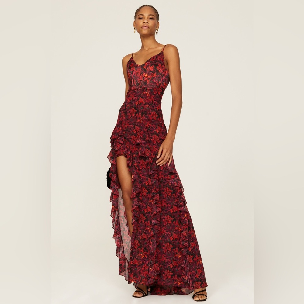 Cinq A Sept Stargazer Lilies Glenda Gown Size 8 Red Floral Maxi Dress